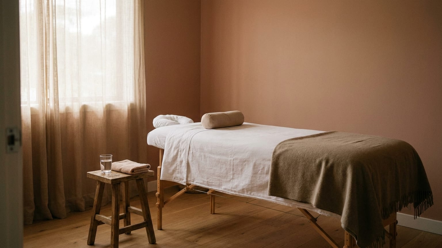 A massage table made up with clean white linens and a folded wool blanket in a quiet treatment room, soft afternoon light through a curtained window.