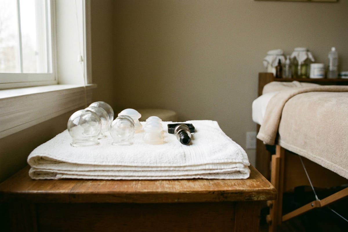 Glass and silicone cupping cups of graded sizes laid out on a folded towel, with a hand pump.