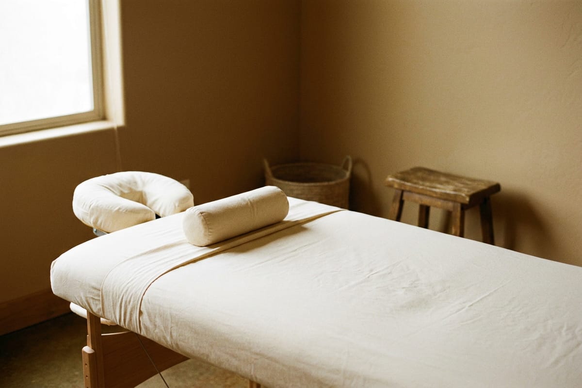 A massage table with the face cradle fitted and a bolster resting on fresh linens.