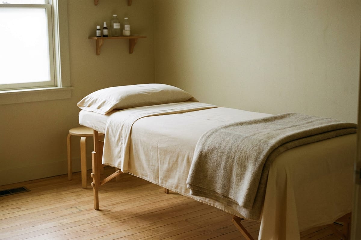 A massage table made up with soft linens and a folded blanket in a quiet room.